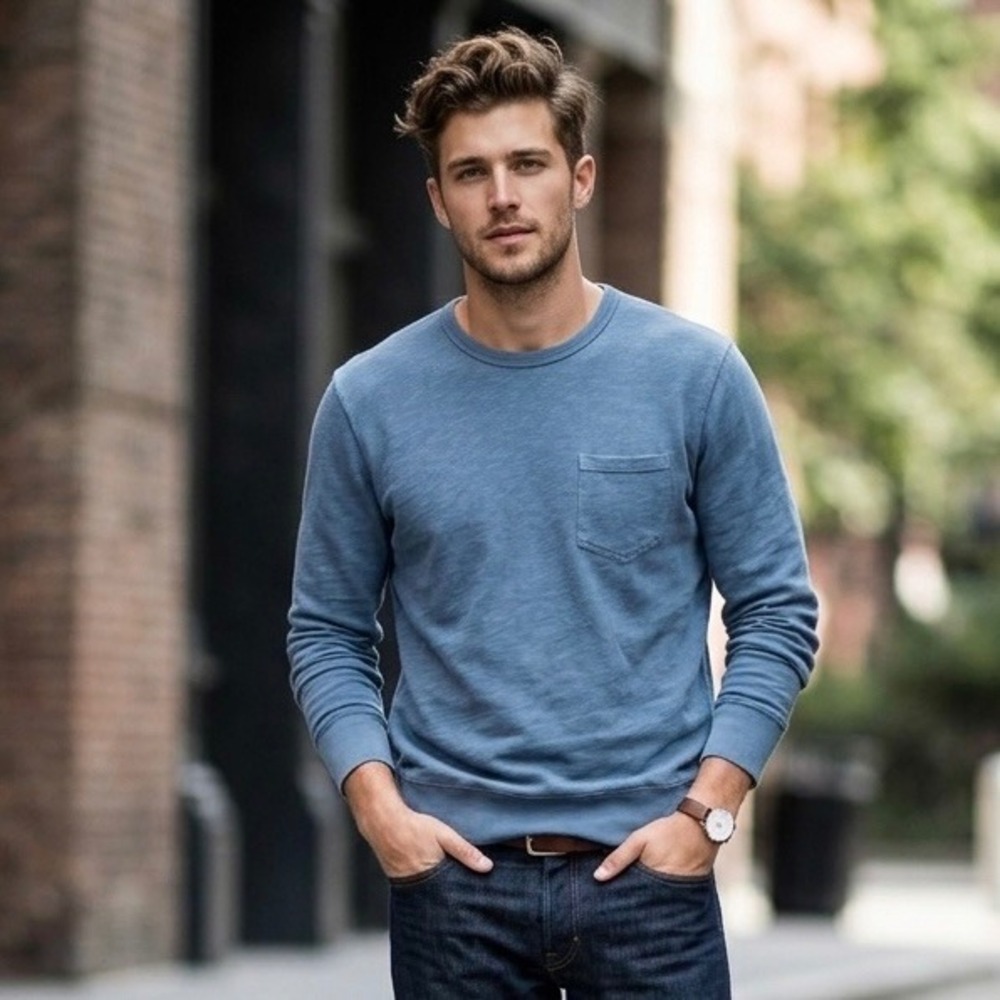 J.Crew Knit Goods Mens Blue Cotton Slub Pocket Sweatshirt Pullover Large